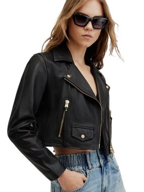 All Saints Elora Slim Cropped Black Leather Biker Jacket Festival Baddie fits 4